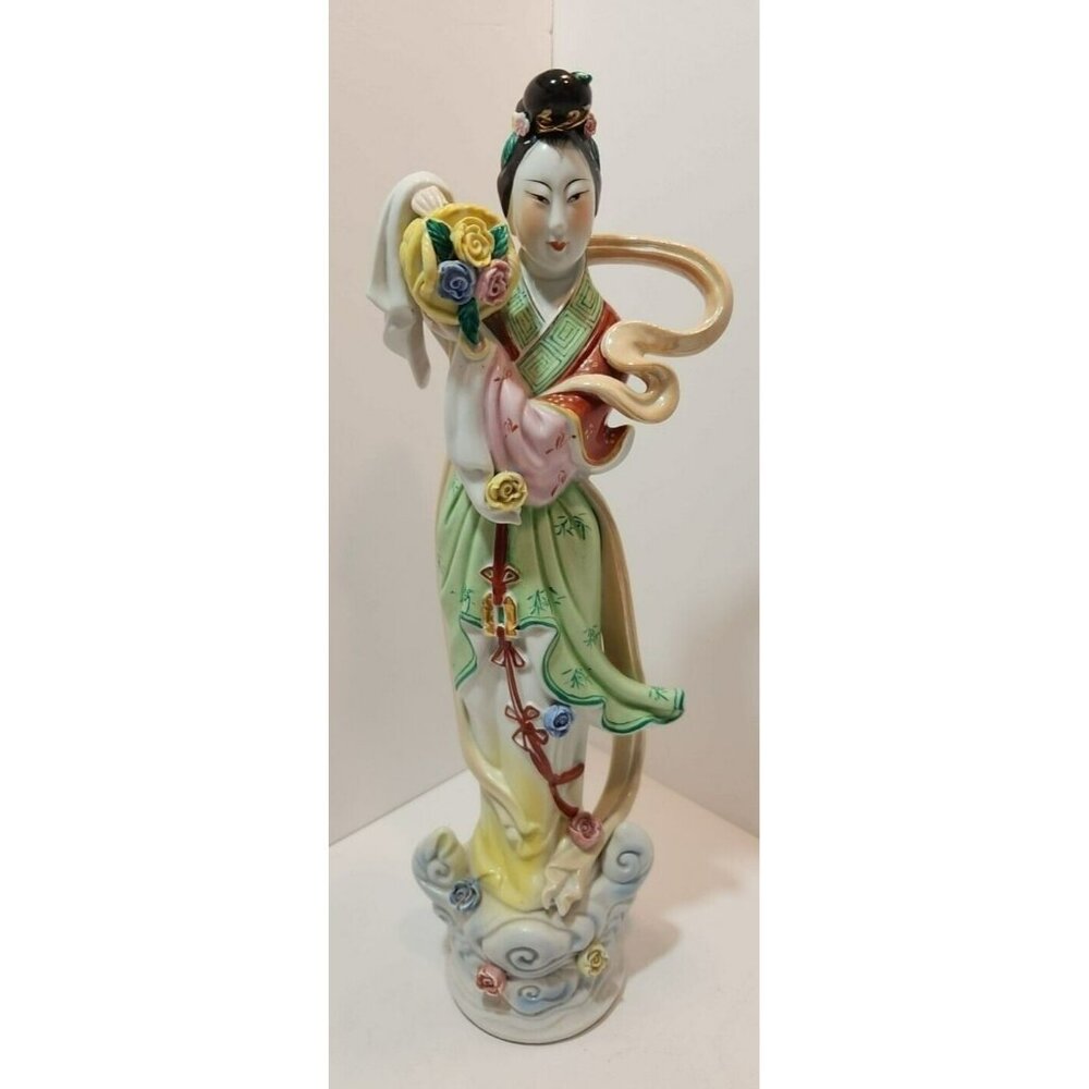 Vtg Chinese Woman Holding Jug with Roses Figurine 15" Tall by 6" Wide Colorful
